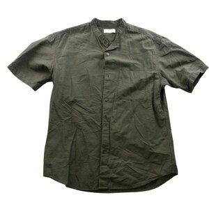 Uniqlo Men's Shirt Small Short Sleeve Cotton Linen Blend Green Button Up Casual